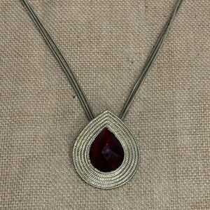 Vintage Statement Necklace 32" Gold Tone Red Teardrop Pendant Layered Chain